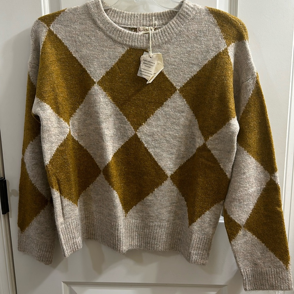 BNWT Hem & Thread Mustard & Grey Argyle Sweater